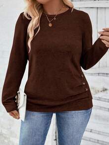 EMERY ROSE Áo thun tay dài cổ tròn cài nút thường ngày cỡ lớn mới dành cho nữ, màu cà phê - màu nâu - Xem 1