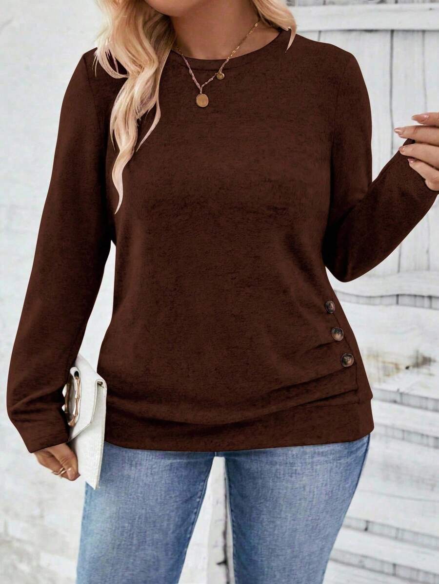 EMERY ROSE Áo thun tay dài cổ tròn cài nút thường ngày cỡ lớn mới dành cho nữ, màu cà phê - màu nâu - Xem 1