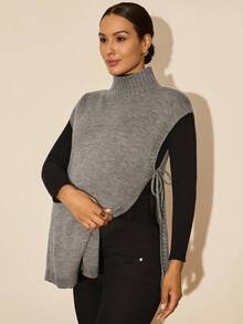 MaterniWear Áo len bầu công sở, Áo len bầu công sở, Áo len công sở cho nữ mùa thu, Áo len bầu đơn giản cổ đứng thắt nơ màu trơn tối giản cho bà bầu, Áo len bầu, Áo bầu, Áo dài bầu, Áo bầu cho bà bầu, Áo bầu dành cho phụ nữ mang thai, Áo bầu mùa thu đông. - Xám - Xem 5