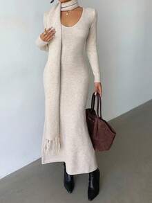 Elenzga 优雅浅杏色V领简约舒适复古风针织连衣裙配流苏围巾，适合秋冬通勤出游 - 杏色 - 查看 4