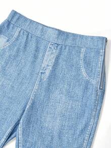 Ellevyn Women's Faux Denim Print Knit Elastic Waist Metallic Zipper Embroidered High Waist Elegant Casual Pants, Spring/Summer - Blue - View 9