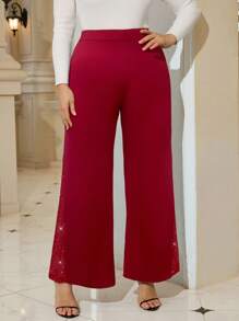 SHEIN Tall CURVE Plus Size Elegant Commuter Rhinestone Patchwork Wide Leg Pants - Burgundy - View 5