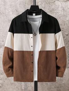 SHEIN Teenage Boys' Casual Color Block Patchwork Polo Collar Long Sleeve Shirt, Versatile All-Match Suitable For Commuting, School, Casual, Travel, Outdoor, Party, Autumn/Winter Fall Autumn And Winter Back To School - Multicolor - View 3