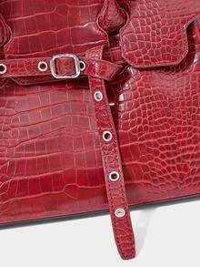 SHECARRY 女士时尚个性化街头时尚 Y2K 迷彩拼布黑色 PU 手提包，红色 - 酒紅色 - 查看 5