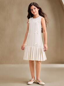 SHEIN Girls Elegant Sweet Sleeveless Mini Dress, Layered Ruffle Hem, White Bow Accent, Suitable For Summer, Luxury Party - Apricot - View 3