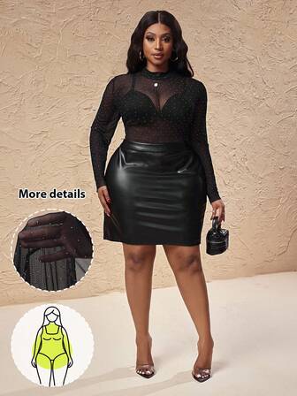 Truni Plus Size Women's Polka Dot Print Mesh Long Sleeve Sexy Blouse