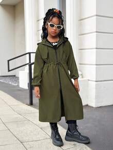 SHEIN Tween Girl Casual Fashion Loose English Ribbon Hooded Cinched Waist Parka Jacket Coat, Military Green Stylish Girl Outerwear, Tween Girl Outfits, Kids Trench Coat, Green Trench Coat For Girls,In Fall/Winter - Army Green - View 4