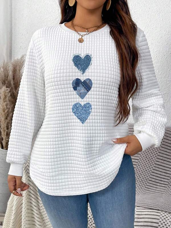 EMERY ROSE Early Autumn Versatile Vacation Minimalist Music Festival Back To School Casual Cute Blue Heart Graphic Print Plus Size Women Waffle Knit Crew Neck Long Sleeve Sweatshirt, Suitable For Early Autumn Transition, Autumn Women Clothing, Autumn Sweatshirt,Fall Clothes For Women Heart Long Sleeve Shirt Women Long Sleeve Tops