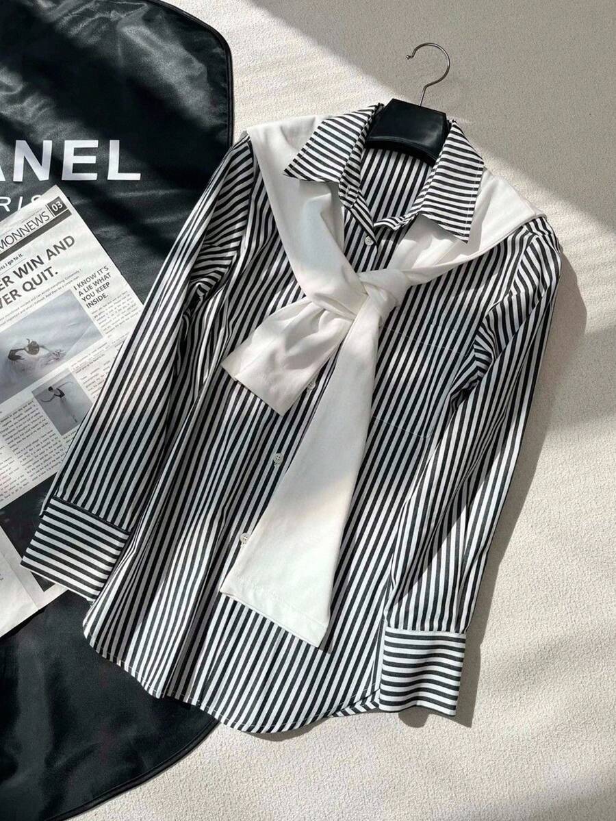 Franclia 女士休闲商务条纹青果领衬衫 - 黑與白 - 查看 1