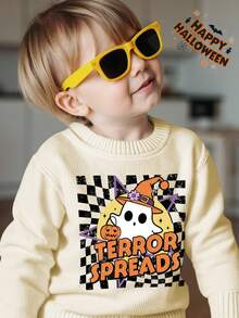 Young Boy Classic Halloween Sweater With Spider,Ghost,Checkered,Wizard Prints,Casual Fashionable For Autumn,Family Matching,Winter & Halloween Fall - Multicolor - View 2