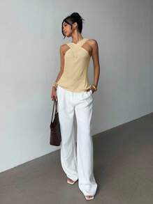 Elenzga 交叉领简约小众设计休闲针织上衣 - 杏色 - 查看 4