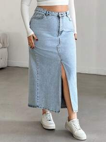 EURMUSE Plus High Waist Front Slit Denim Skirt