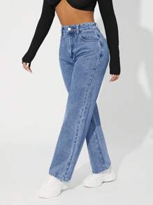 SHEIN PETITE Women's High Waist Pockets Straight Loose Casual Versatile Jeans