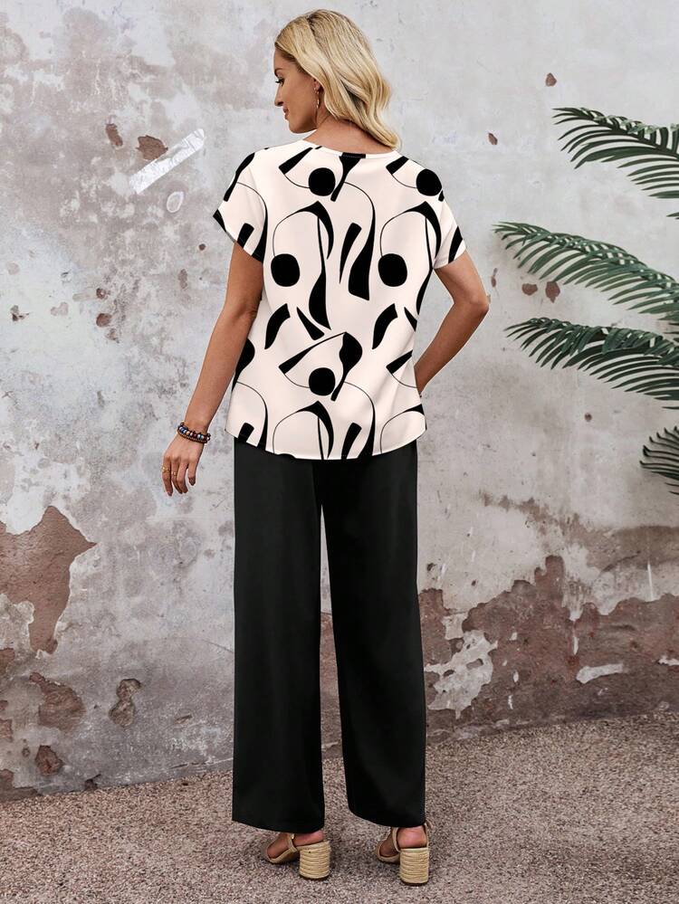 2pcs/Set Women Casual Loose Fit Round Neck Top And Wide Leg Pants, Versatile Outfit For Spring/Autumn Blouse And Pants Set Black Wide Leg Pants Black Palazzo Pants Women,Casual