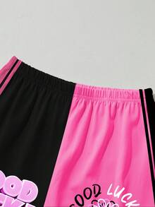 SHEIN 青少年女孩时尚运动幸运电子竞技卡通女孩图案休闲街头风格舒适 T 恤套装，适合学校、运动、派对 - 彩色 - 查看 4