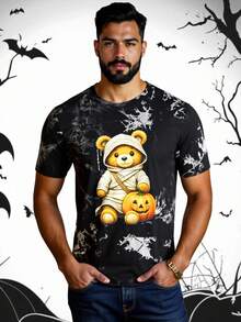 Manfinity NXTstreet 男士休闲针织 T 恤，扎染小熊图案印花，修身圆领短袖 T 恤万圣节泰迪熊衬衫万圣节图案 T 恤男士万圣节 T 恤泰迪熊图案 T 恤扎染万圣节衬衫 - 黑色 - 查看 8