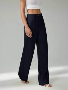 SHEIN Tall 夏季女士浅米色西装裤，通勤优雅约会藏青色裤子高腰裤阔腿裤女正装裤百褶裤女正装裤，女士时尚裤子，秋季 - 藏蓝色 - 查看 3