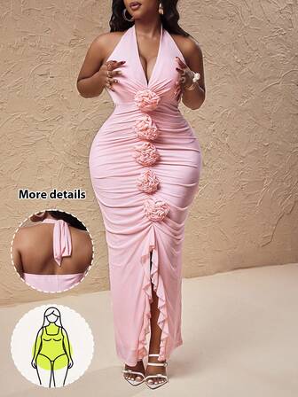 Truni Plus Size Sexy Backless Halter Neck Floral Decor Dress, Summer