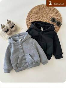 2pcs Baby Boy & Baby Girl Casual Solid Color Hooded Jacket Set, Grey Hoodie & Black Hoodie, Suitable For Autumn & Winter - Multicolor - View 9