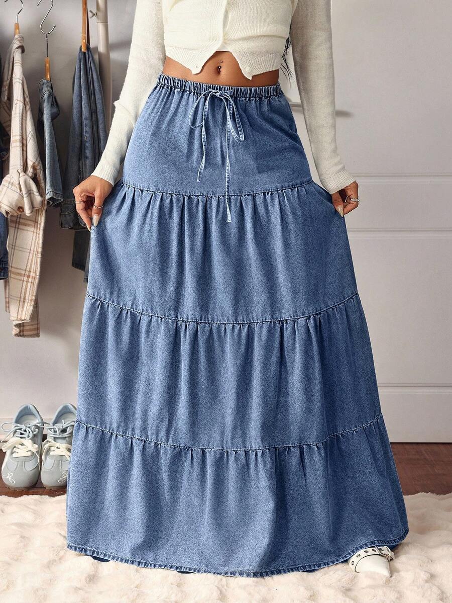SHEIN Tall American Washed Denim A-Line Elastic Waist Flared Denim Skirt - Medium Wash - View 1