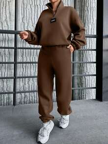 SHEIN Cottnline Cotton Letter Patched Drop Shoulder Half Zip Sweatshirt & Sweatpants - Brown - View 5