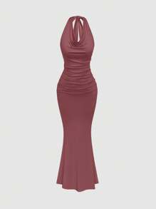 SHEIN MOOSTA 大码女式黑色垂坠领口褶饰修身美人鱼针织连衣裙，适合派对和活动 - 珊瑚粉 - 查看 1