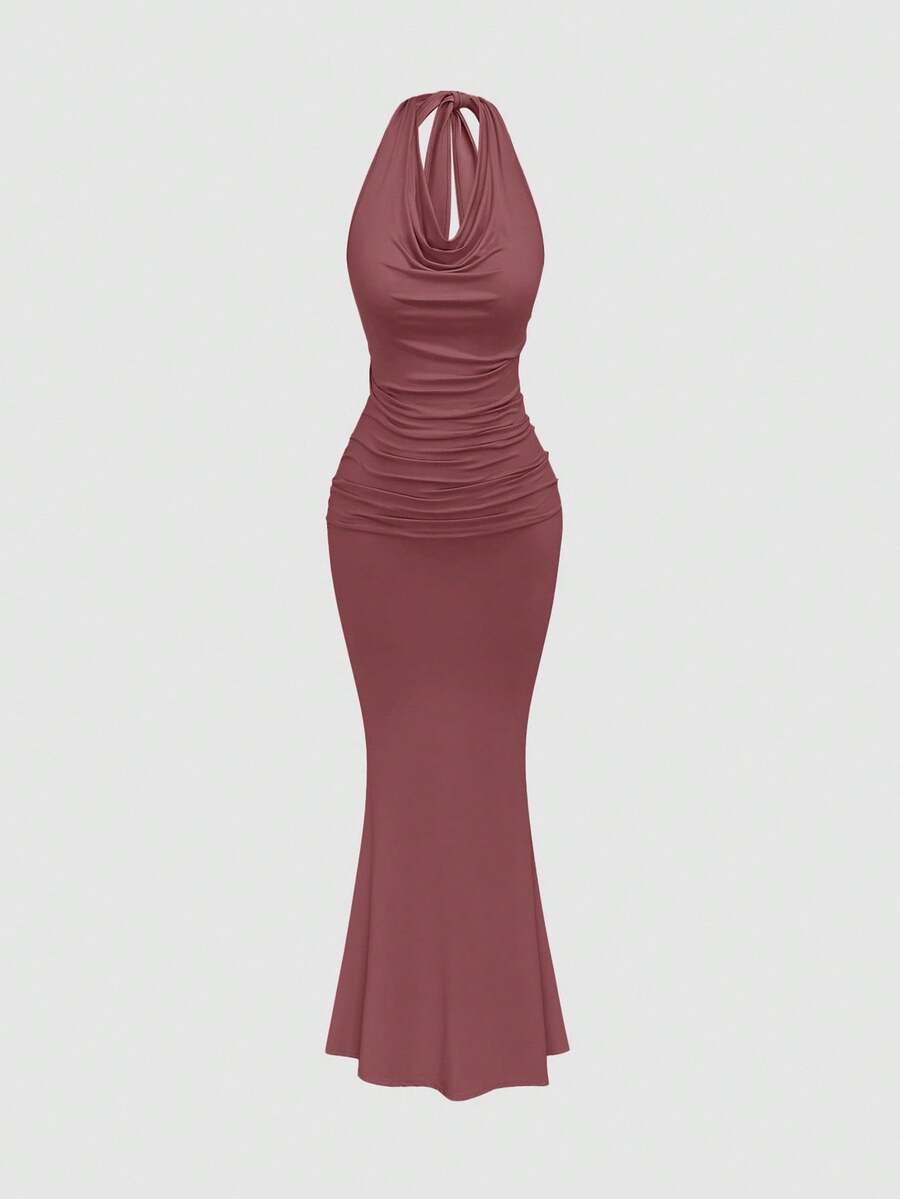 SHEIN MOOSTA 大码女式黑色垂坠领口褶饰修身美人鱼针织连衣裙，适合派对和活动 - 珊瑚粉 - 查看 1