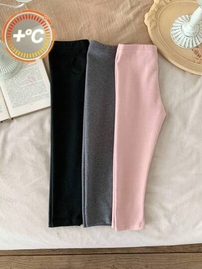 SHEIN 3 st. Ung flickor Casual Mångsidig Stickad Termofodrad Elastisk Midja Enfärgade Leggings Flickor Leggings Unga flickor Flickleggings Barnleggings Flickbyxor Höst Vinter