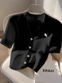 Airaco Cárdigan de punto con cuello polo y bordado, camiseta de manga corta para mujer