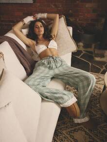 Aralina Sleepwear Fall Winter Cute Cosy Brushed Flannel Check With Side Pockets And Lace Detail On Waist And Hem Sleep Pants, Cozy