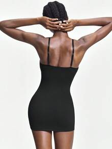 SHAPORA Women Lace Patchwork Camisole Seamless Shapewear Slip Dress - Black - View 2