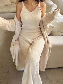 DAZY 3 件套女士简约针织纯色长外套、背心和裤子家居服套装，冬季、秋季衣服睡衣，舒适服装 - 杏色 - 查看 9