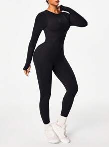 Dewbera Mono de mujer de unicolor con cuello redondo y espalda descubierta de manga larga