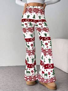 Firerie 女士新款优雅休闲圣诞风格裤子，秋冬休闲优雅居家户外保暖内衬双面抓绒泰迪抓绒，多色红绿圣诞图案印花高腰喇叭裤，秋季女装 - 彩色 - 查看 7