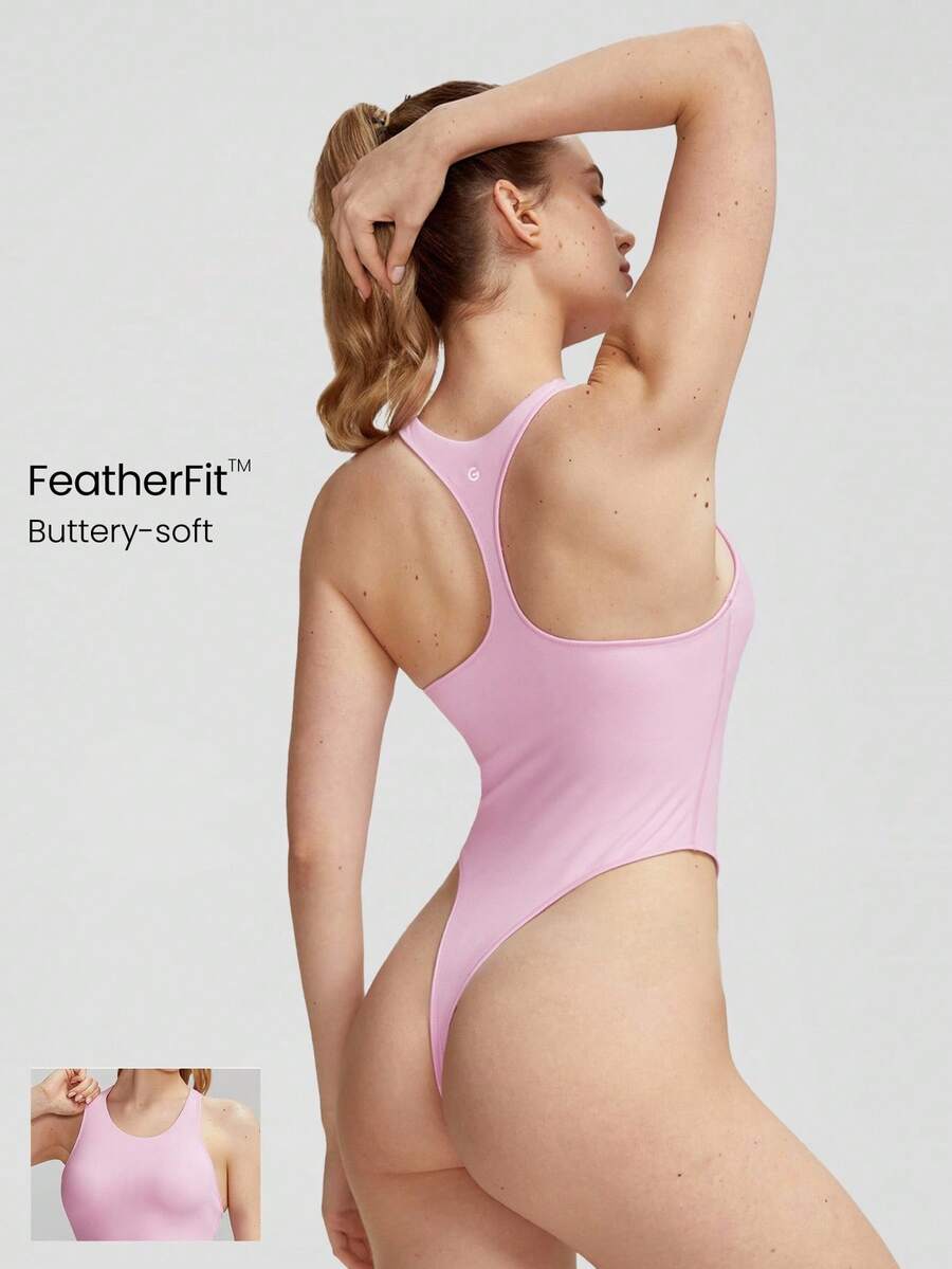 GLOWMODE FeatherFit™ Powerhouse Round Neck Racerback Halter Thong Bodysuit Low Impact Yoga Daily Summer - Bubblegum Pink - View 1