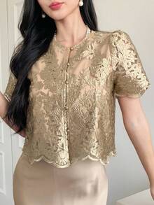 DAZY 1pc Women Lace Short Sleeve Round Neck Single Breasted Elegant Blouse - Mustard Yellow - View 8