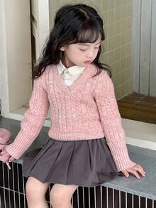 DAZY 女童V领套头毛衣，小女孩秋装 - 粉色 - 查看 1