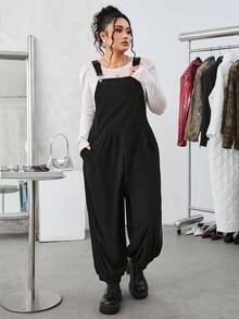 SHEIN EZwear 秋冬款大码黑色灯芯绒背带裤 - 黑色 - 查看 7