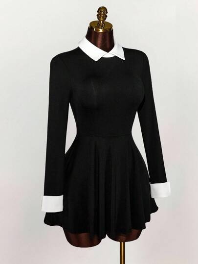 Amplova 女式撞色领长袖时尚迷你连衣裙