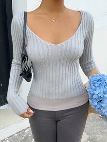 SHEIN Unity 女式性感深V领罗纹修身长袖毛衣，秋季 - 灰色 - 查看 4