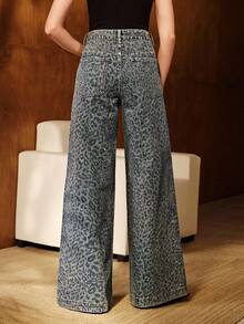 Anewsta 女士时尚豹纹水钻装饰宽松阔腿牛仔裤 - 藍色 - 查看 2