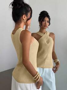 Elenzga 交叉领简约小众设计休闲针织上衣 - 杏色 - 查看 2