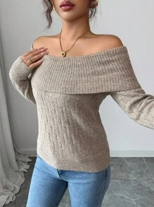 Elenzga Sexy American Style Collared One-Shoulder Fitted Knit Long Sleeve Top, High-End Niche Design For Autumn/Winter - Camel - View 3