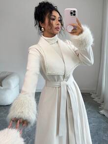 Elenzga 女士优雅立领设计收腰长袖纯色长款羊毛大衣，适合秋冬季通勤外出 - 杏色 - 查看 2