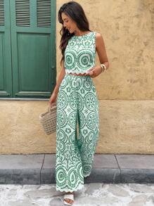 Serisse Women's Vacation Plant Pattern Round Neck Sleeveless Shirt And Wide Leg Pants Casual 2 Pieces Set