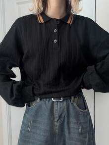 FRIFUL Women's Black Contrast Color Collar Textured Fabric Drop Shoulder Long Sleeve Loose Casual Versatile T-Shirt, Autumn - Black - View 5