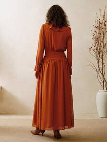 SHEIN Revavyn Women's Elegant Chiffon V-Neck Ruffle Long Dress,Burnt Orange Autumn Beaded Pleated Tea Party Date Retro Western Country Concert Outfit - Rust Brown - View 6