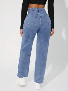 SHEIN PETITE Women's High Waist Pockets Straight Loose Casual Versatile Jeans