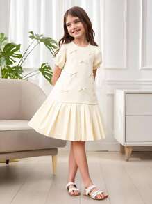 SHEIN 女童纹理面料蝴蝶结装饰下摆褶皱优雅可爱短袖连衣裙，春夏