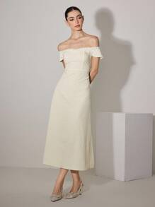 Poshira Váy dài vừa phải, hở một bên vai thanh lịch thời trang dành cho nữ - Màu be - Xem 5